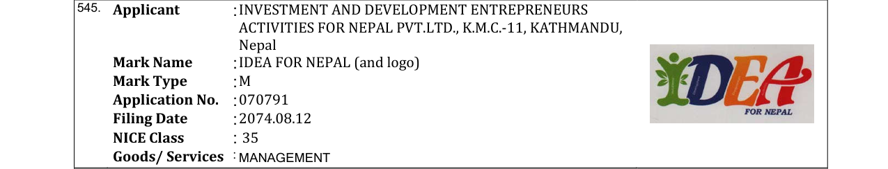 Original bulletin entry for IDEA FOR NEPAL (and logo)