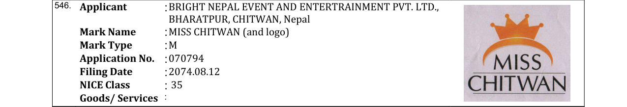Original bulletin entry for MISS CHITWAN (and logo)