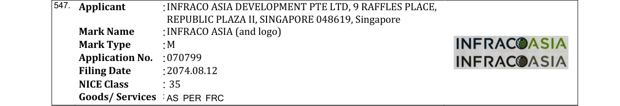 Original bulletin entry for INFRACO ASIA (and logo)