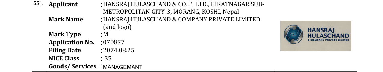Original bulletin entry for HANSRAJ HULASCHAND & COMPANY PRIVATE LIMITED (and logo)