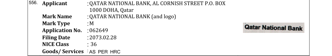 Original bulletin entry for QATAR NATIONAL BANK (and logo)