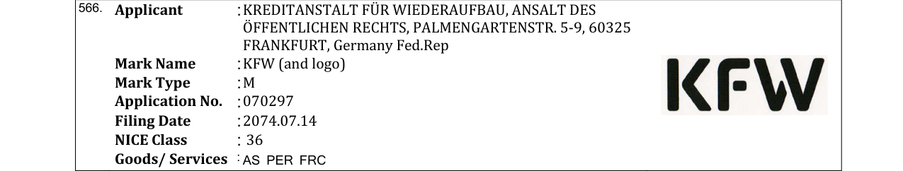 Original bulletin entry for KFW (and logo)