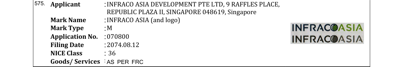 Original bulletin entry for INFRACO ASIA (and logo)