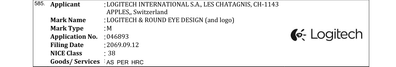 Original bulletin entry for LOGITECH & ROUND EYE DESIGN (and logo)