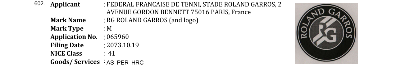Original bulletin entry for RG ROLAND GARROS (and logo)