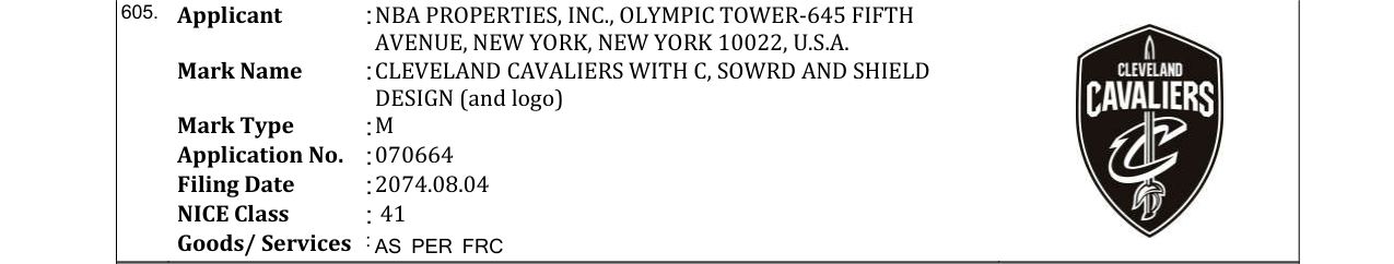 Original bulletin entry for CLEVELAND CAVALIERS WITH C, SOWRD AND SHIELD DESIGN (and logo)