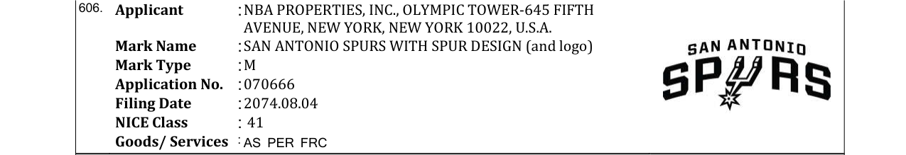 Original bulletin entry for SAN ANTONIO SPURS WITH SPUR DESIGN (and logo)