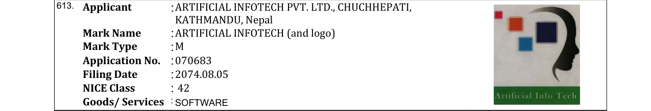 Original bulletin entry for ARTIFICIAL INFOTECH (and logo)