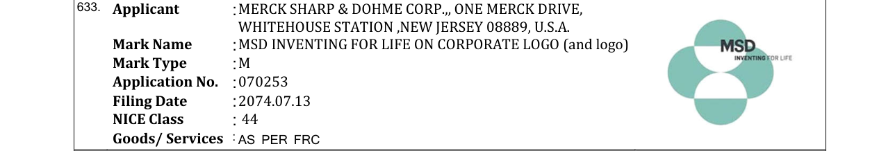 Original bulletin entry for MSD INVENTING FOR LIFE ON CORPORATE LOGO (and logo)