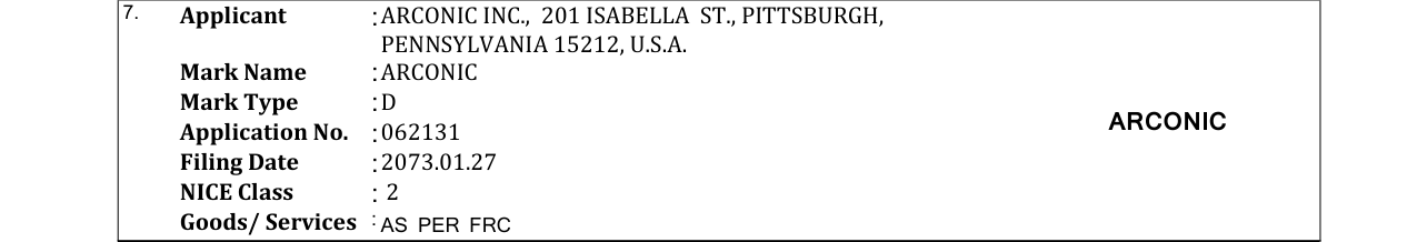 Original bulletin entry for ARCONIC