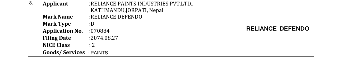 Original bulletin entry for RELIANCE DEFENDO