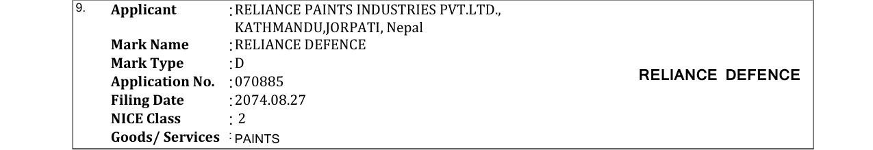 Original bulletin entry for RELIANCE DEFENCE