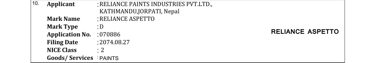 Original bulletin entry for RELIANCE ASPETTO