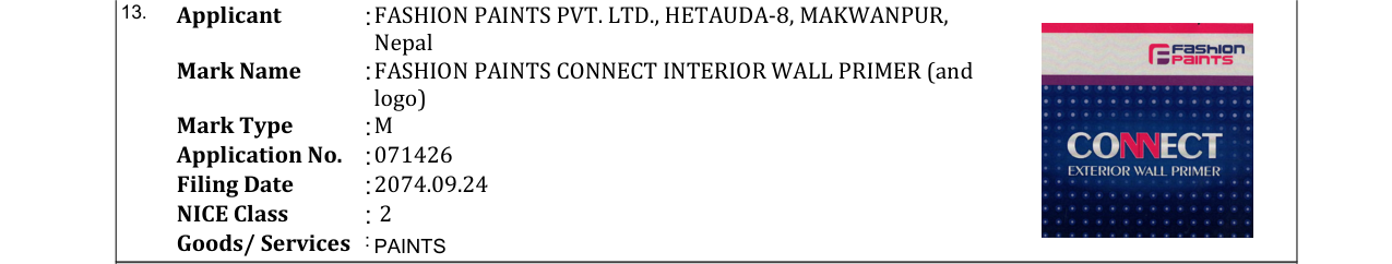 Original bulletin entry for FASHION PAINTS CONNECT INTERIOR WALL PRIMER (and logo)