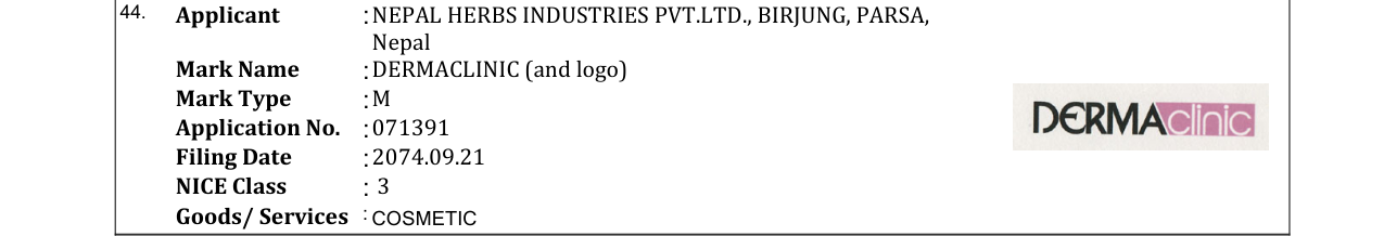 Original bulletin entry for DERMACLINIC (and logo)