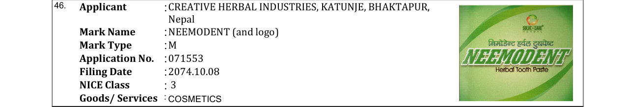 Original bulletin entry for NEEMODENT (and logo)