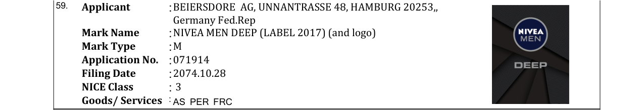 Original bulletin entry for NIVEA MEN DEEP (LABEL 2017) (and logo)