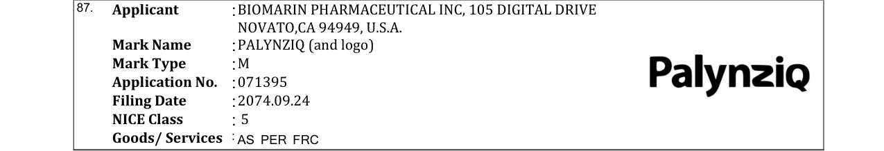Original bulletin entry for PALYNZIQ (and logo)