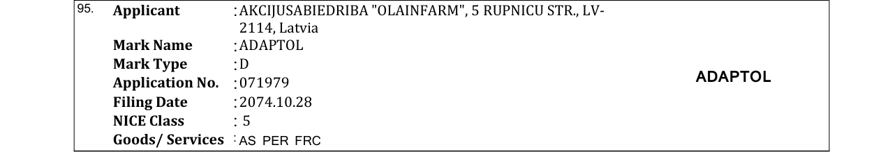 Original bulletin entry for ADAPTOL