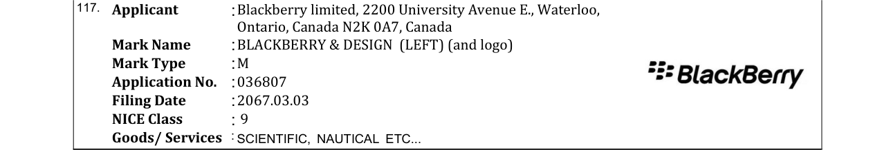 Original bulletin entry for BLACKBERRY & DESIGN (LEFT) (and logo)