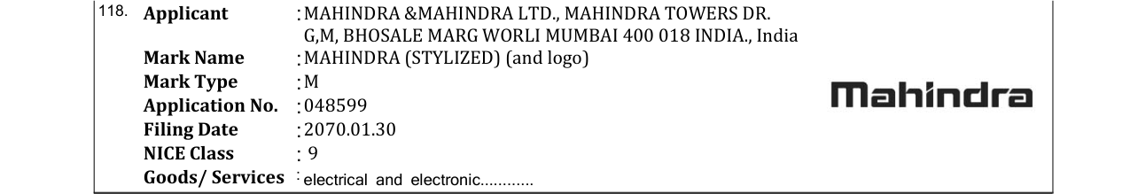Original bulletin entry for MAHINDRA (STYLIZED) (and logo)