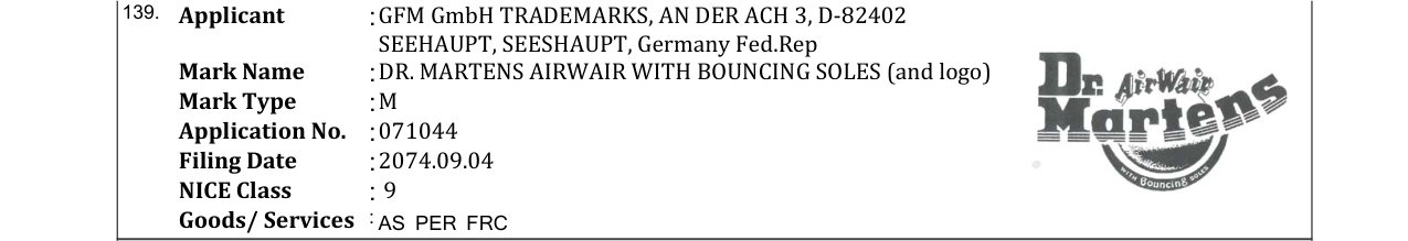 Original bulletin entry for DR. MARTENS AIRWAIR WITH BOUNCING SOLES (and logo)