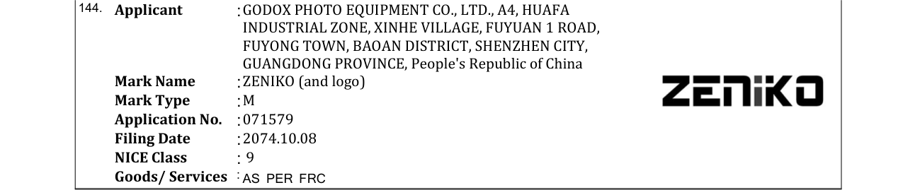 Original bulletin entry for ZENIKO (and logo)