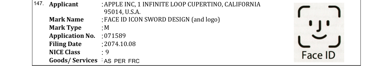Original bulletin entry for FACE ID ICON SWORD DESIGN (and logo)