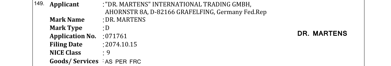 Original bulletin entry for DR. MARTENS