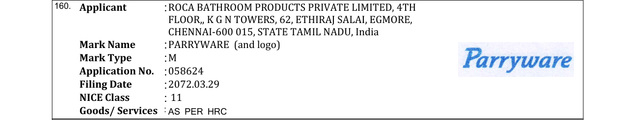 Original bulletin entry for PARRYWARE (and logo)
