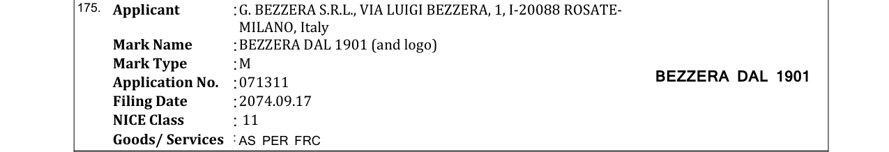Original bulletin entry for BEZZERA DAL 1901 (and logo)