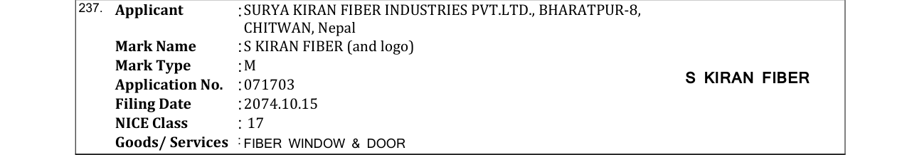 Original bulletin entry for S KIRAN FIBER (and logo)