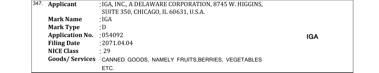 Original bulletin entry for IGA
