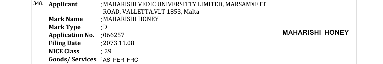 Original bulletin entry for MAHARISHI HONEY