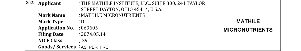Original bulletin entry for MATHILE MICRONUTRIENTS