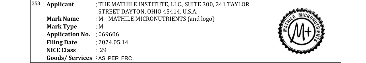 Original bulletin entry for M+ MATHILE MICRONUTRIENTS (and logo)