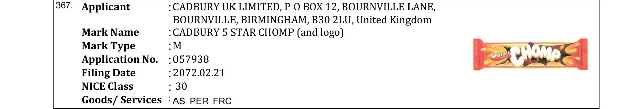 Original bulletin entry for CADBURY 5 STAR CHOMP (and logo)