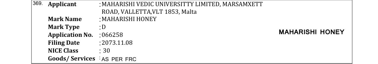 Original bulletin entry for MAHARISHI HONEY