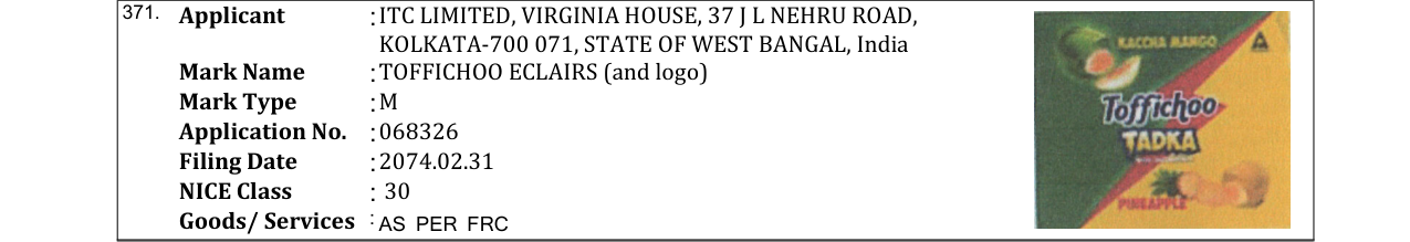 Original bulletin entry for TOFFICHOO ECLAIRS (and logo)