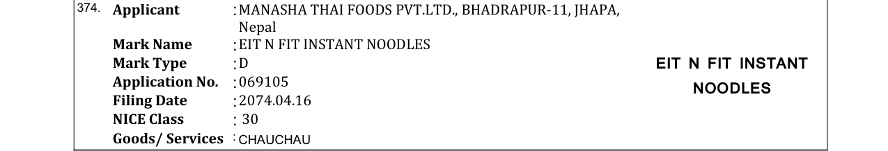 Original bulletin entry for EIT N FIT INSTANT NOODLES