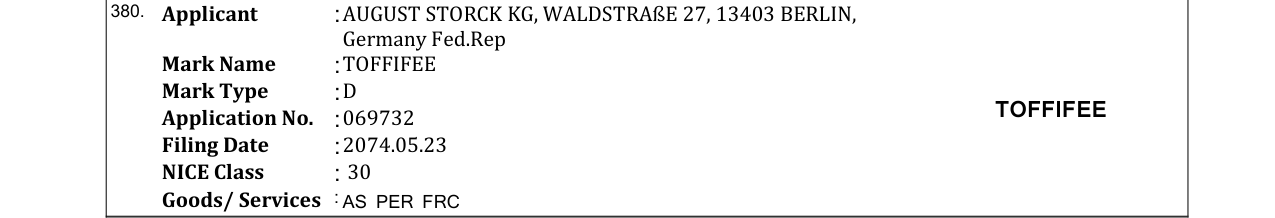 Original bulletin entry for TOFFIFEE