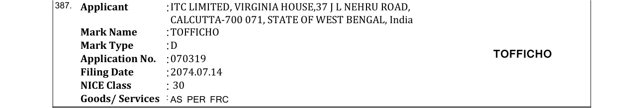 Original bulletin entry for TOFFICHO