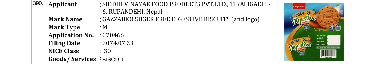 Original bulletin entry for GAZZABKO SUGER FREE DIGESTIVE BISCUITS (and logo)