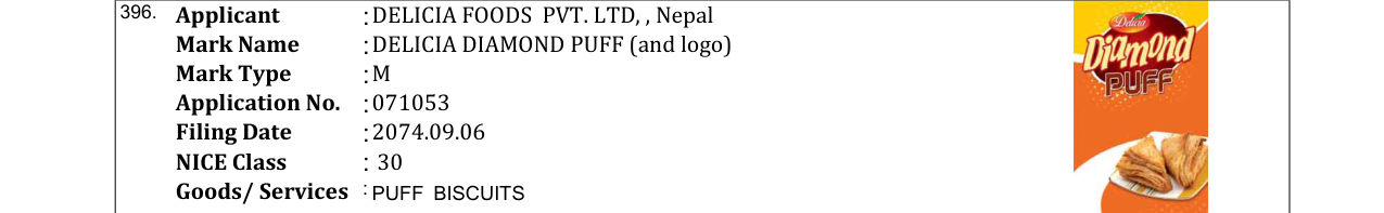 Original bulletin entry for DELICIA DIAMOND PUFF (and logo)