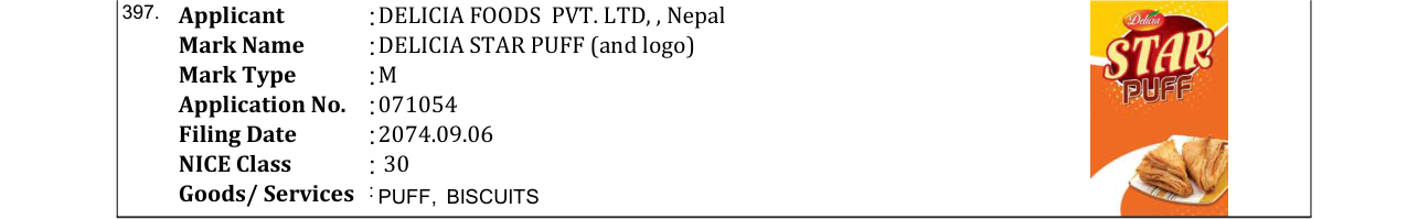Original bulletin entry for DELICIA STAR PUFF (and logo)
