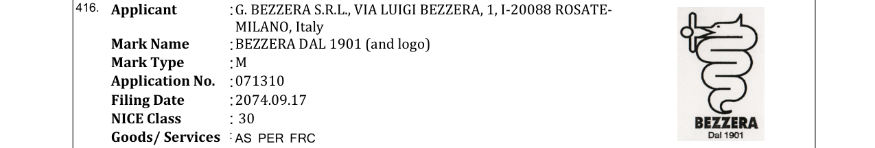 Original bulletin entry for BEZZERA DAL 1901 (and logo)
