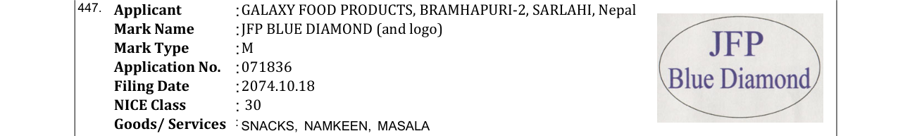 Original bulletin entry for JFP BLUE DIAMOND (and logo)