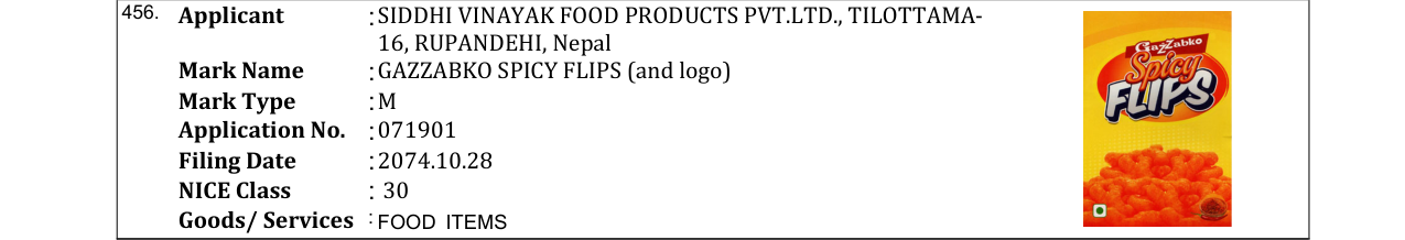 Original bulletin entry for GAZZABKO SPICY FLIPS (and logo)
