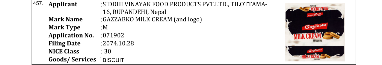 Original bulletin entry for GAZZABKO MILK CREAM (and logo)