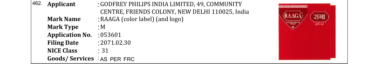 Original bulletin entry for RAAGA (color label) (and logo)